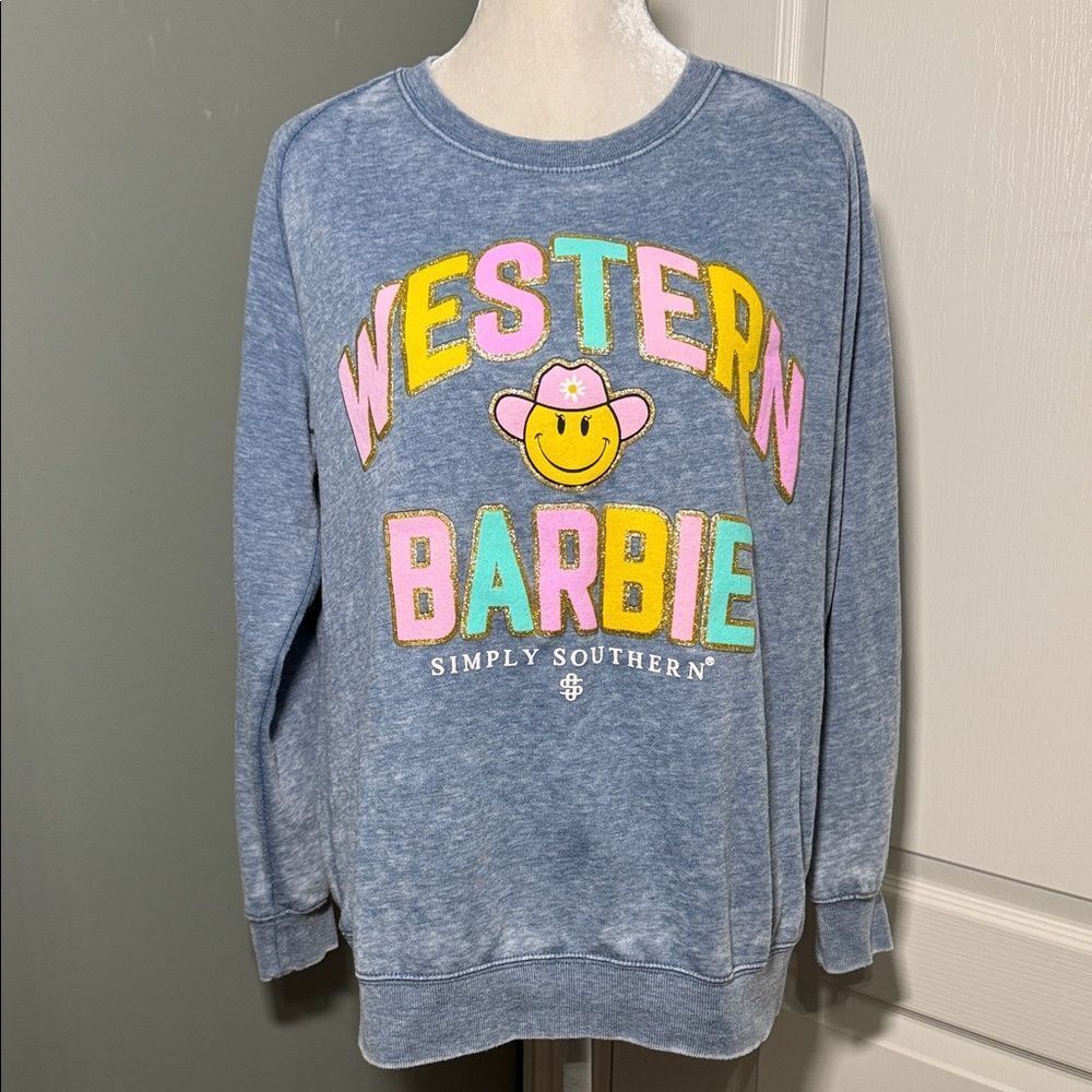 Simply Southern Western Barbie Sweatshirt Blue Pastel Pullover Size Small